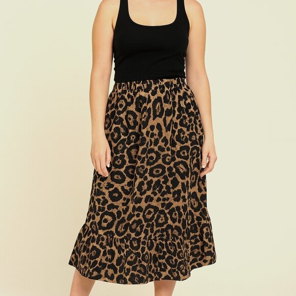 Shein Womens S Animal Print Ruffle Midi Skirt Elastic Waist A-Line Flowy‎ - Picture 1 of 14